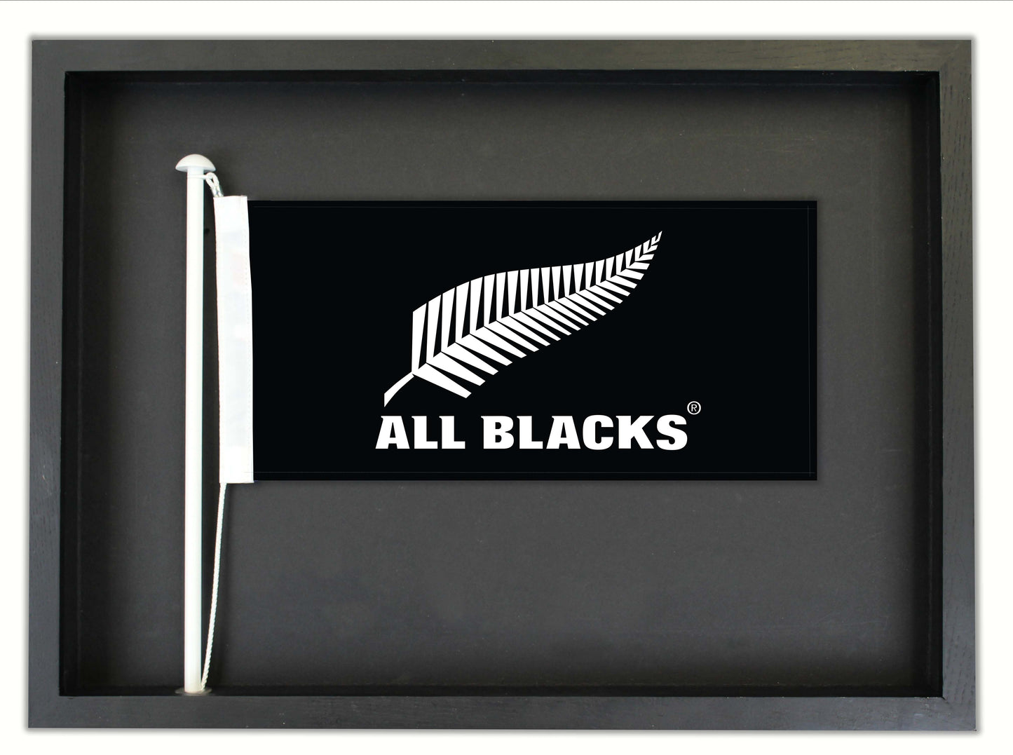 Authentic All Blacks® Flag in a Black Oak Frame || Free shipping in NZ.