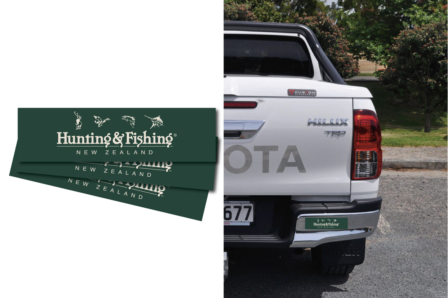 Hunting & Fishing Bumper Stickers. || Pk of 100. Size: 275mm x 75mm