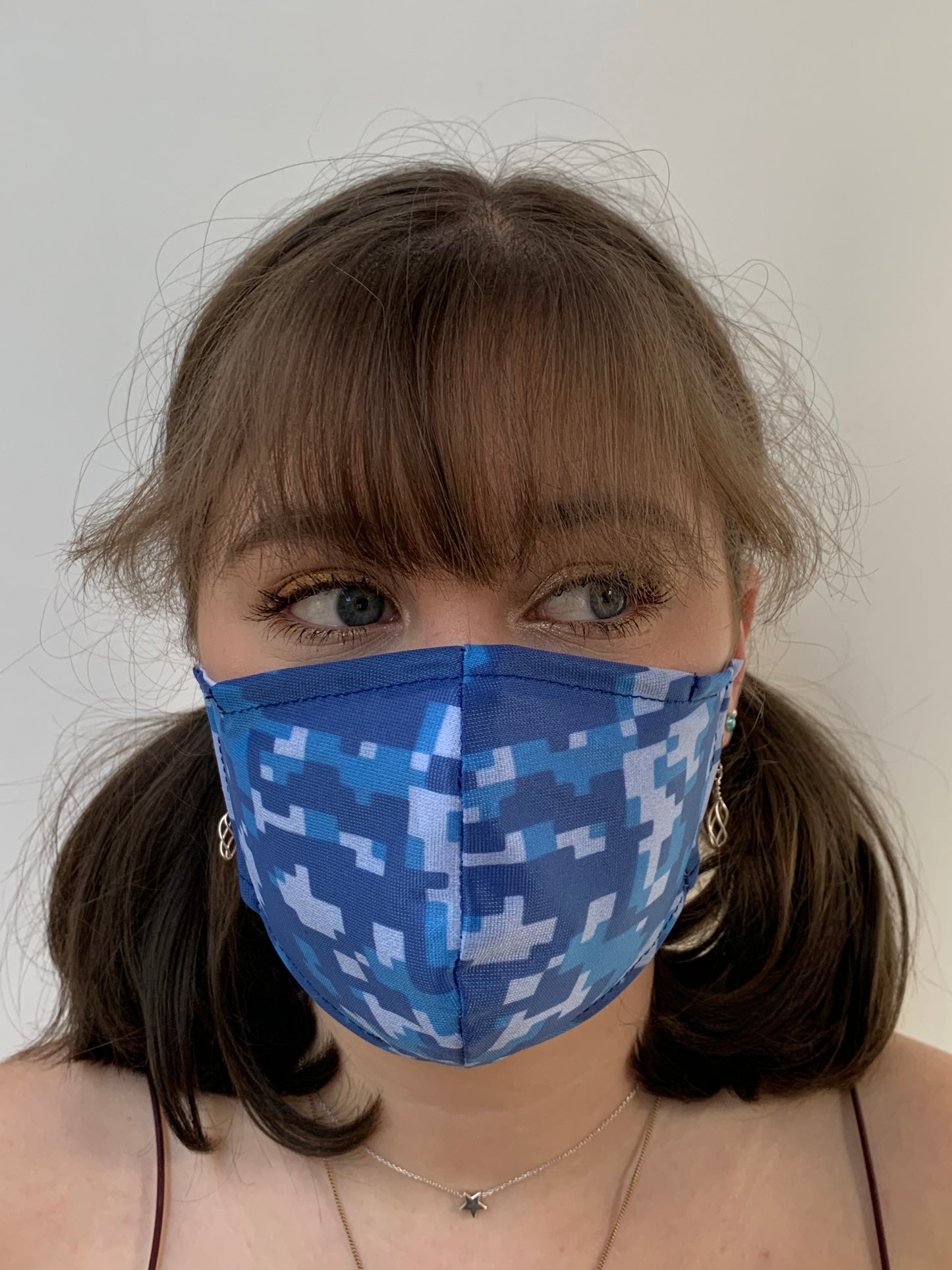 FACE MASKS. DIGITAL BLUE CAMO DESIGN. ADULT AND CHILD SIZES. PRICED FROM: