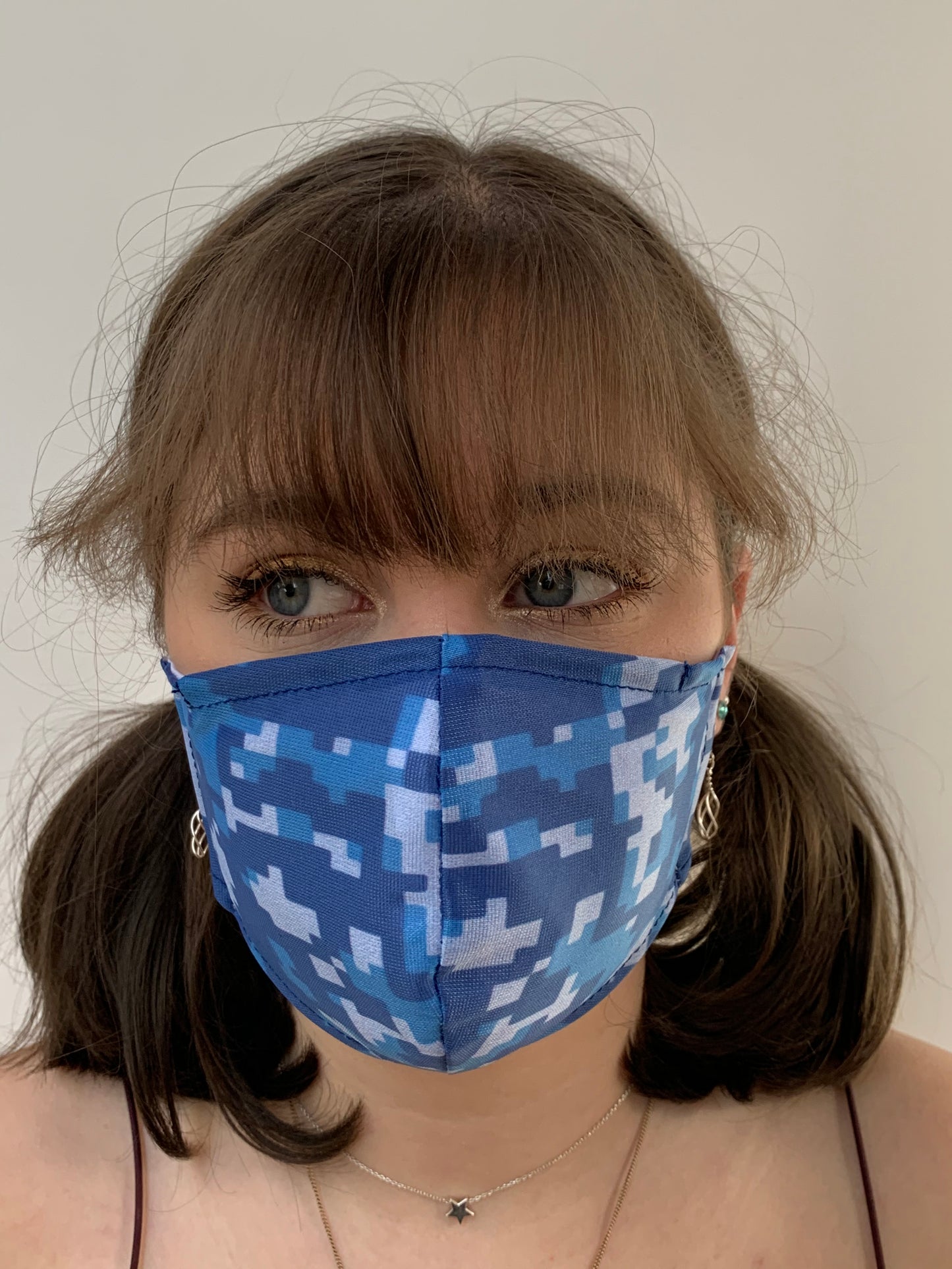 FACE MASKS. DIGITAL BLUE CAMO DESIGN. ADULT AND CHILD SIZES. PRICED FROM: