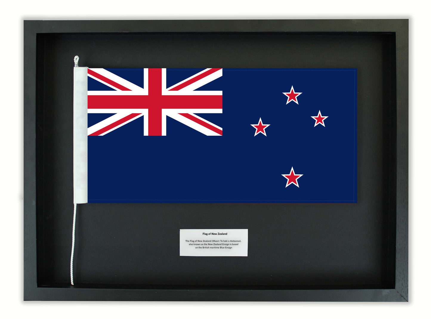 Authentic New Zealand Flag in a Black Oak Frame.