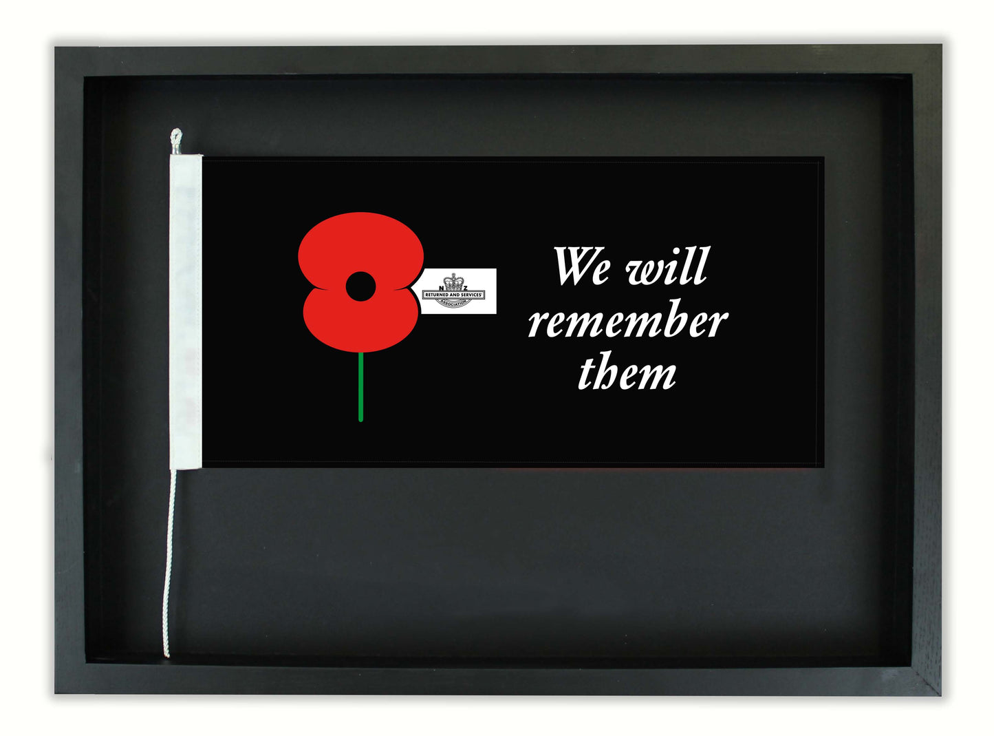 Authentic ANZAC 'Poppy' Flag in a Black Oak Frame || Free shipping in NZ.