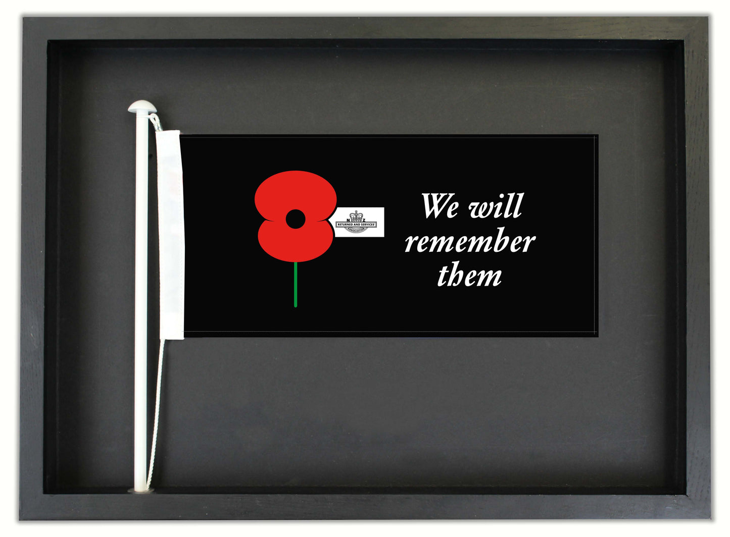 Authentic ANZAC 'Poppy' Flag in a Black Oak Frame || Free shipping in NZ.